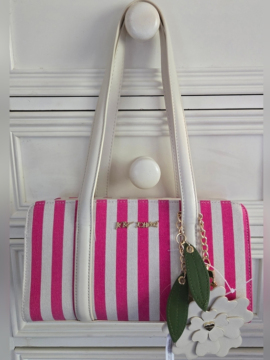 Betsey Johnson Handbags - Betsey Johnson Pink and Cream Striped Purse with Floral Charm NWT